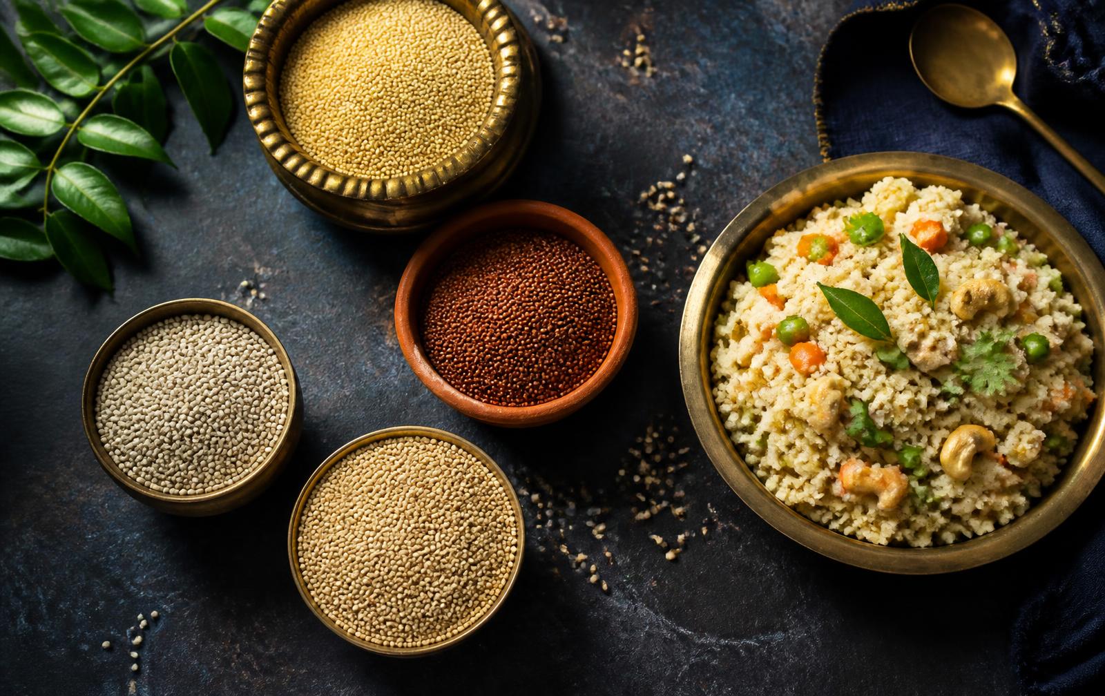 Indian millets in brass bowls beside a bowl of millet upma
