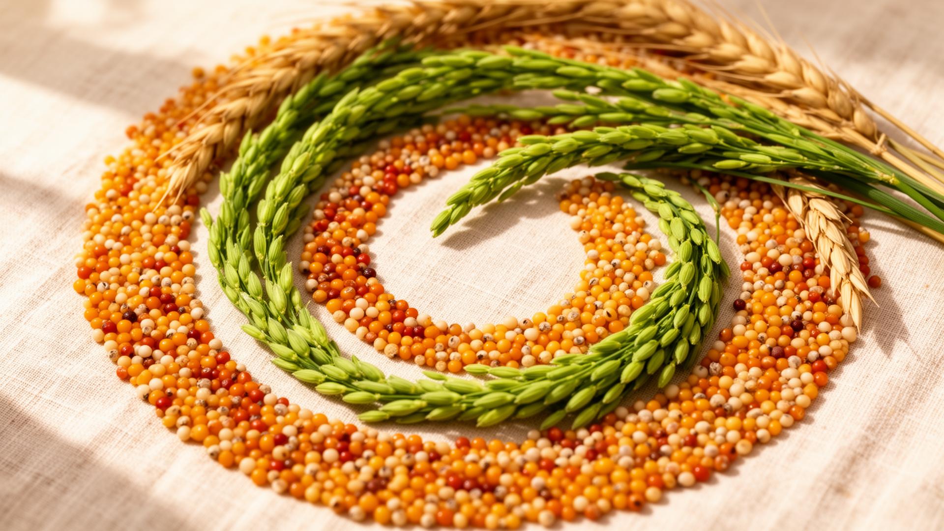 Colourful millet grains arranged in flowing circular patterns with fresh green sprigs